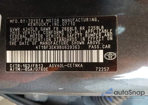 2011 Toyota Camry Le from USA, damaged, VIN 4T1BF3EK9BU629363
